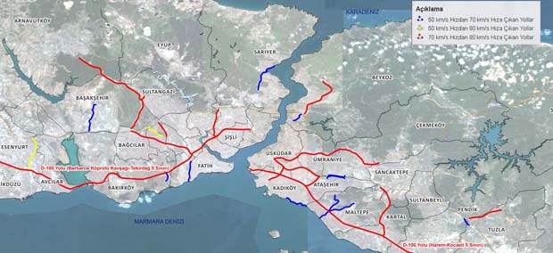 Azami hız limiti 70 km/s’ten 80 km/s’e yükselen yollar