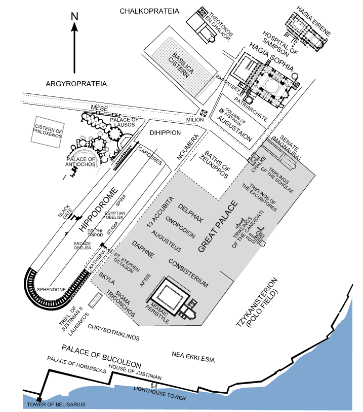 Hipodrom ve Ayasofya'nın bulunduğu saray bölgesinin haritası.W. Müller-Wiener, Bildlexikon zur Topographie Istanbuls (1977)